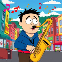 A cartoon character playing a saxophone in a style reminiscent of South Park, featuring exaggerated facial expressions and humorous oversized features