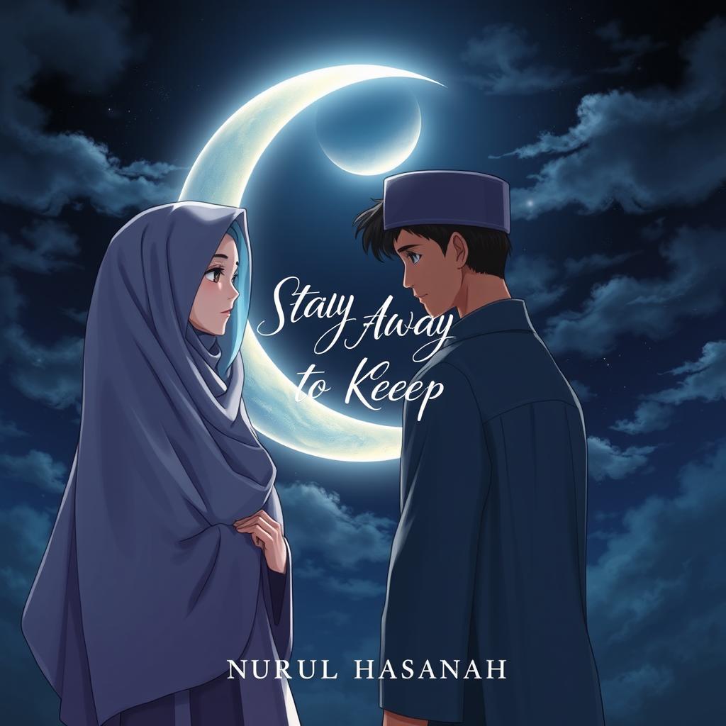 An enchanting anime-style book cover for the novel titled 'Stay Away to Keep' by Nurul Hasanah, depicting the love between a veiled girl and a man, both longing for each other yet separated by religious rules