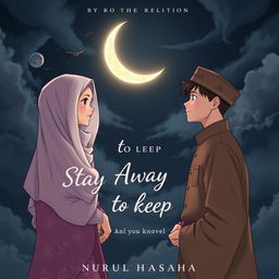 An enchanting anime-style book cover for the novel titled 'Stay Away to Keep' by Nurul Hasanah, depicting the love between a veiled girl and a man, both longing for each other yet separated by religious rules