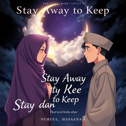 An enchanting anime-style book cover for the novel titled 'Stay Away to Keep' by Nurul Hasanah, depicting the love between a veiled girl and a man, both longing for each other yet separated by religious rules