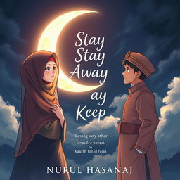 An enchanting anime-style book cover for the novel titled 'Stay Away to Keep' by Nurul Hasanah, depicting the love between a veiled girl and a man, both longing for each other yet separated by religious rules