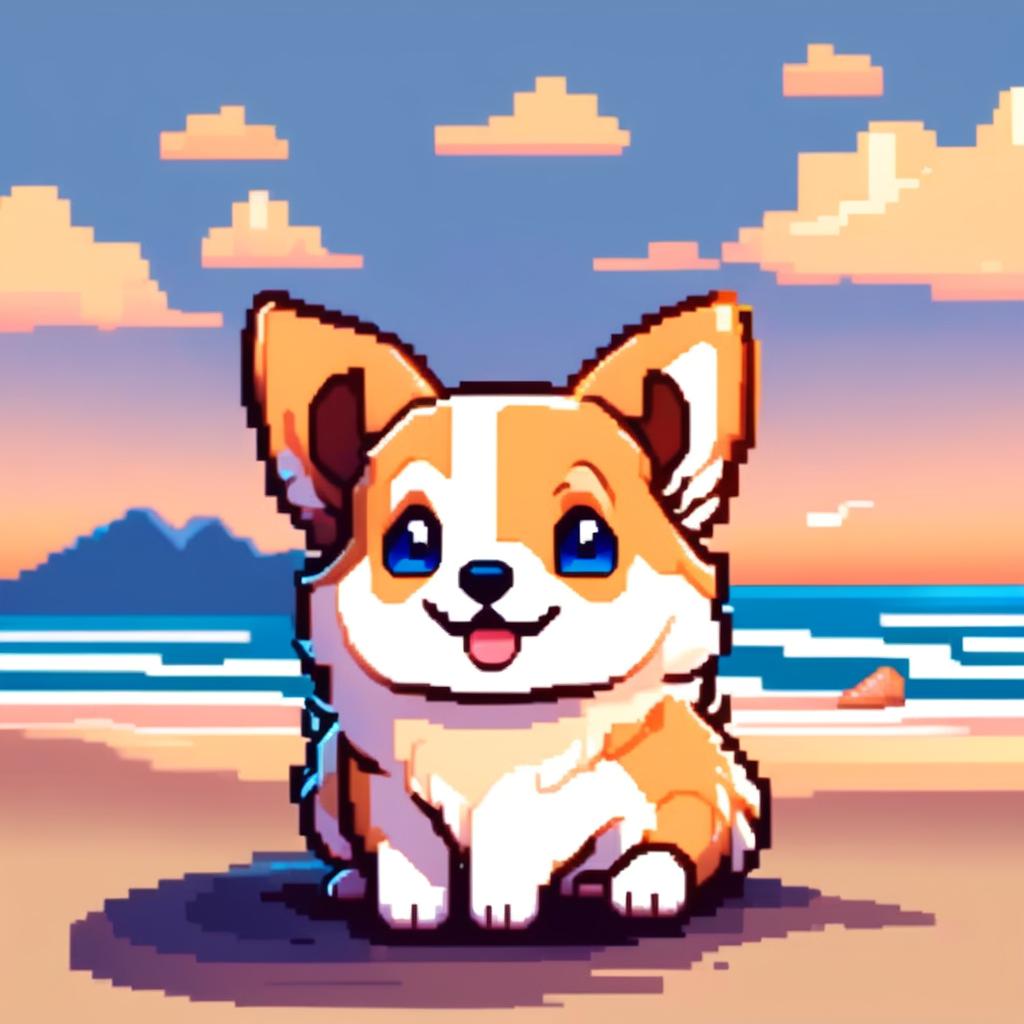 Pixel art PFP of a cheerful Corgi with a tan and white coat, bright blue eyes, and a wagging tail against a gradient beach sunset background