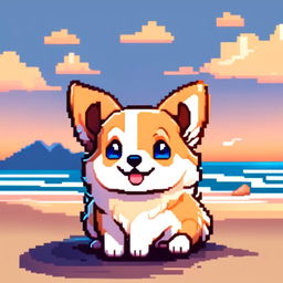 Pixel art PFP of a cheerful Corgi with a tan and white coat, bright blue eyes, and a wagging tail against a gradient beach sunset background