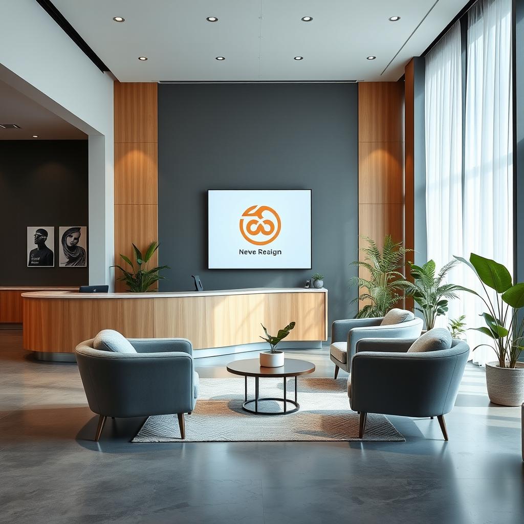 A modern office reception area with sleek, minimalist design