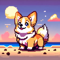 Pixel art PFP of a cheerful Corgi with a tan and white coat, bright blue eyes, and a wagging tail against a gradient beach sunset background