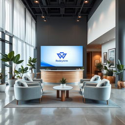 A modern office reception area with sleek, minimalist design