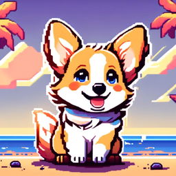 Pixel art PFP of a cheerful Corgi with a tan and white coat, bright blue eyes, and a wagging tail against a gradient beach sunset background