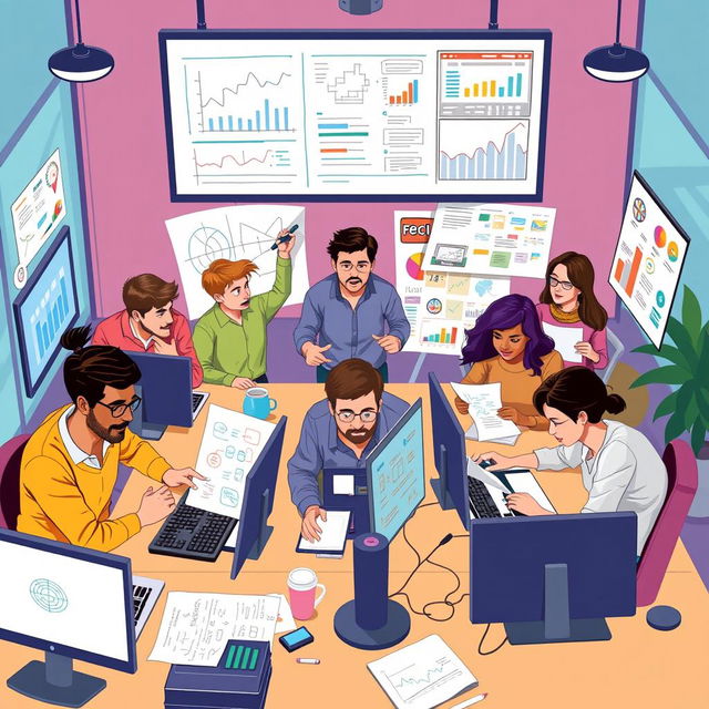 An illustration of a diverse team working collaboratively in a modern office space to develop a new application