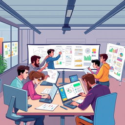 An illustration of a diverse team working collaboratively in a modern office space to develop a new application