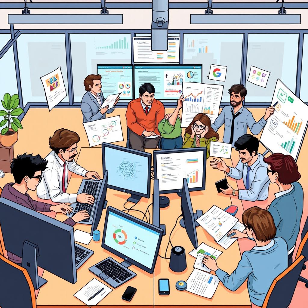 An illustration of a diverse team working collaboratively in a modern office space to develop a new application