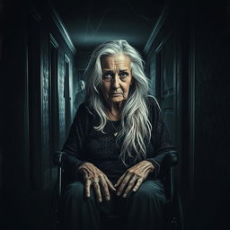 A chilling movie poster featuring a grandmother with long, flowing white hair sitting in a wheelchair