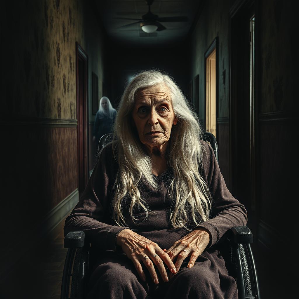 A chilling movie poster featuring a grandmother with long, flowing white hair sitting in a wheelchair