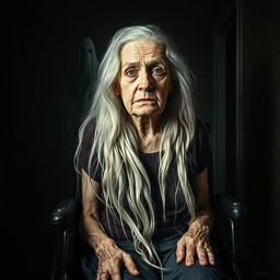 A chilling movie poster featuring a grandmother with long, flowing white hair sitting in a wheelchair