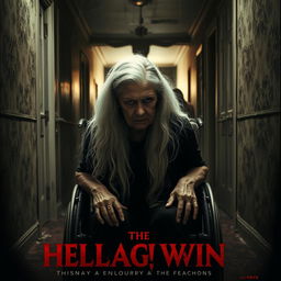 A chilling movie poster featuring a grandmother with long, flowing white hair sitting in a wheelchair