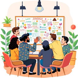 A vibrant illustration depicting the concept of synergy in teamwork and collaboration