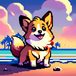 Pixel art PFP of a cheerful Corgi with a tan and white coat, bright blue eyes, and a wagging tail against a gradient beach sunset background