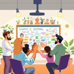 A vibrant illustration depicting the concept of synergy in teamwork and collaboration