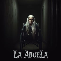 A movie poster for 'La Abuela', featuring a haunting image of an elderly grandmother with long, flowing white hair, seated in an ornate wheelchair