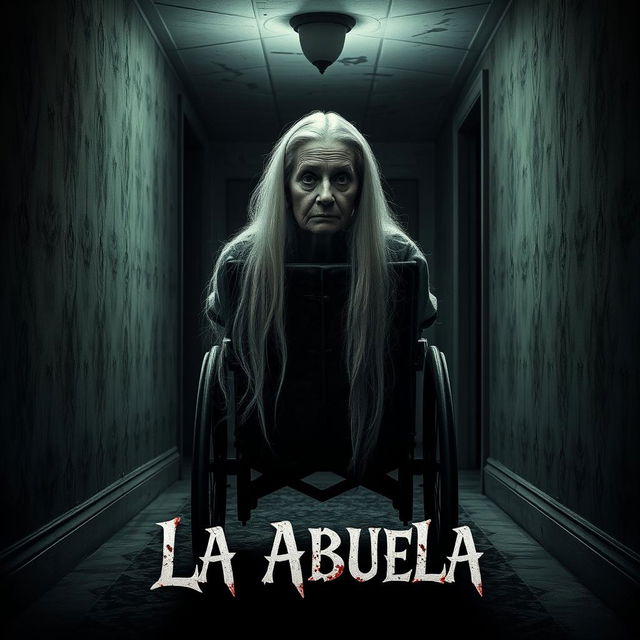 A movie poster for 'La Abuela', featuring a haunting image of an elderly grandmother with long, flowing white hair, seated in an ornate wheelchair