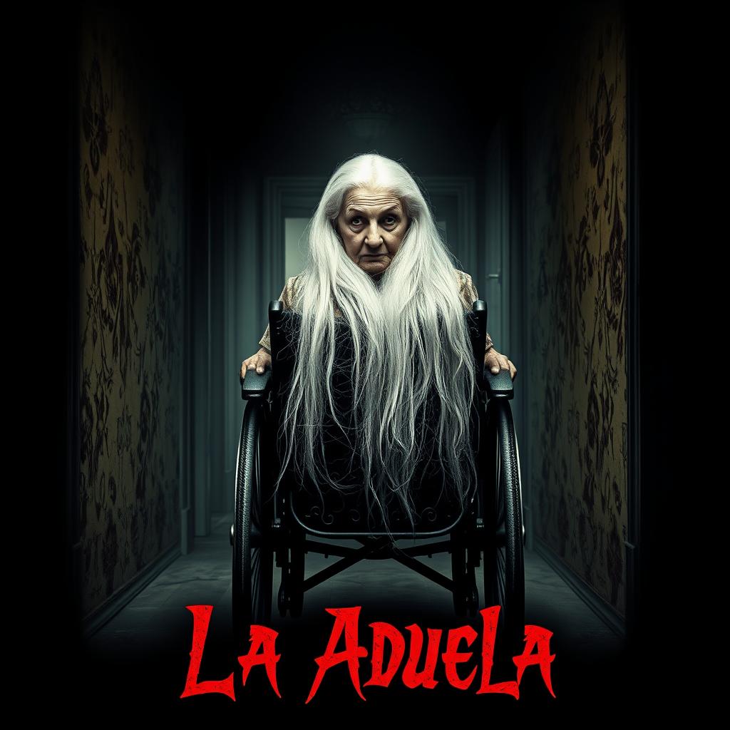 A movie poster for 'La Abuela', featuring a haunting image of an elderly grandmother with long, flowing white hair, seated in an ornate wheelchair