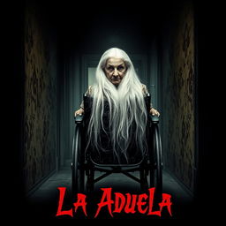 A movie poster for 'La Abuela', featuring a haunting image of an elderly grandmother with long, flowing white hair, seated in an ornate wheelchair