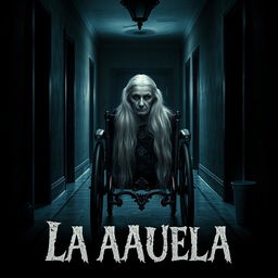 A movie poster for 'La Abuela', featuring a haunting image of an elderly grandmother with long, flowing white hair, seated in an ornate wheelchair