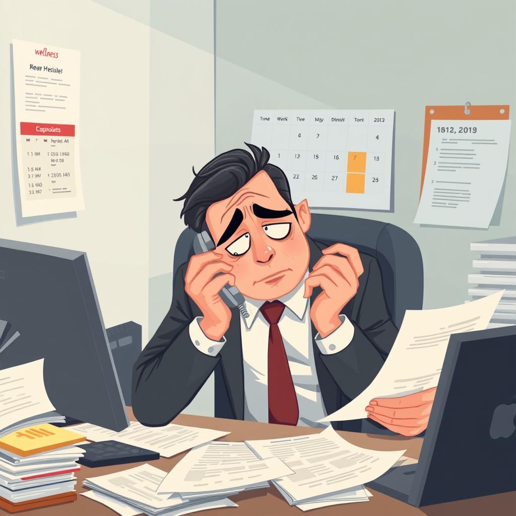 An illustration of a busy manager in an office, multitasking by handling phone calls, reviewing reports, and leading a team discussion, all while looking visibly exhausted