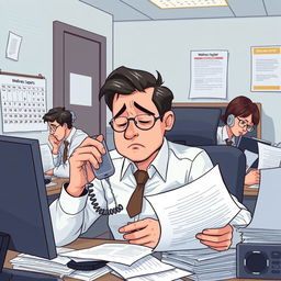 An illustration of a busy manager in an office, multitasking by handling phone calls, reviewing reports, and leading a team discussion, all while looking visibly exhausted