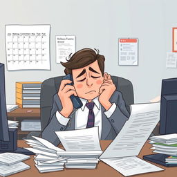 An illustration of a busy manager in an office, multitasking by handling phone calls, reviewing reports, and leading a team discussion, all while looking visibly exhausted