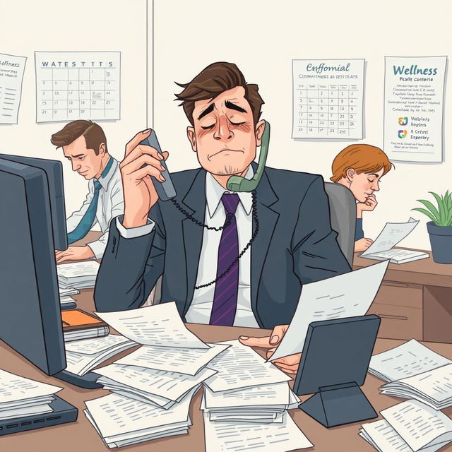 An illustration of a busy manager in an office, multitasking by handling phone calls, reviewing reports, and leading a team discussion, all while looking visibly exhausted