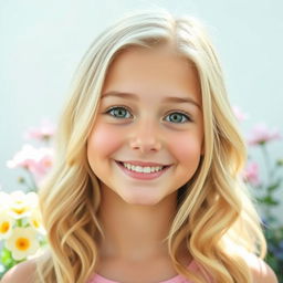 A portrait of a 19-year-old blonde girl with wide-set eyes, a broad boxy nose, and straight eyebrows