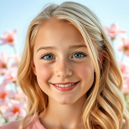 A portrait of a 19-year-old blonde girl with wide-set eyes, a broad boxy nose, and straight eyebrows