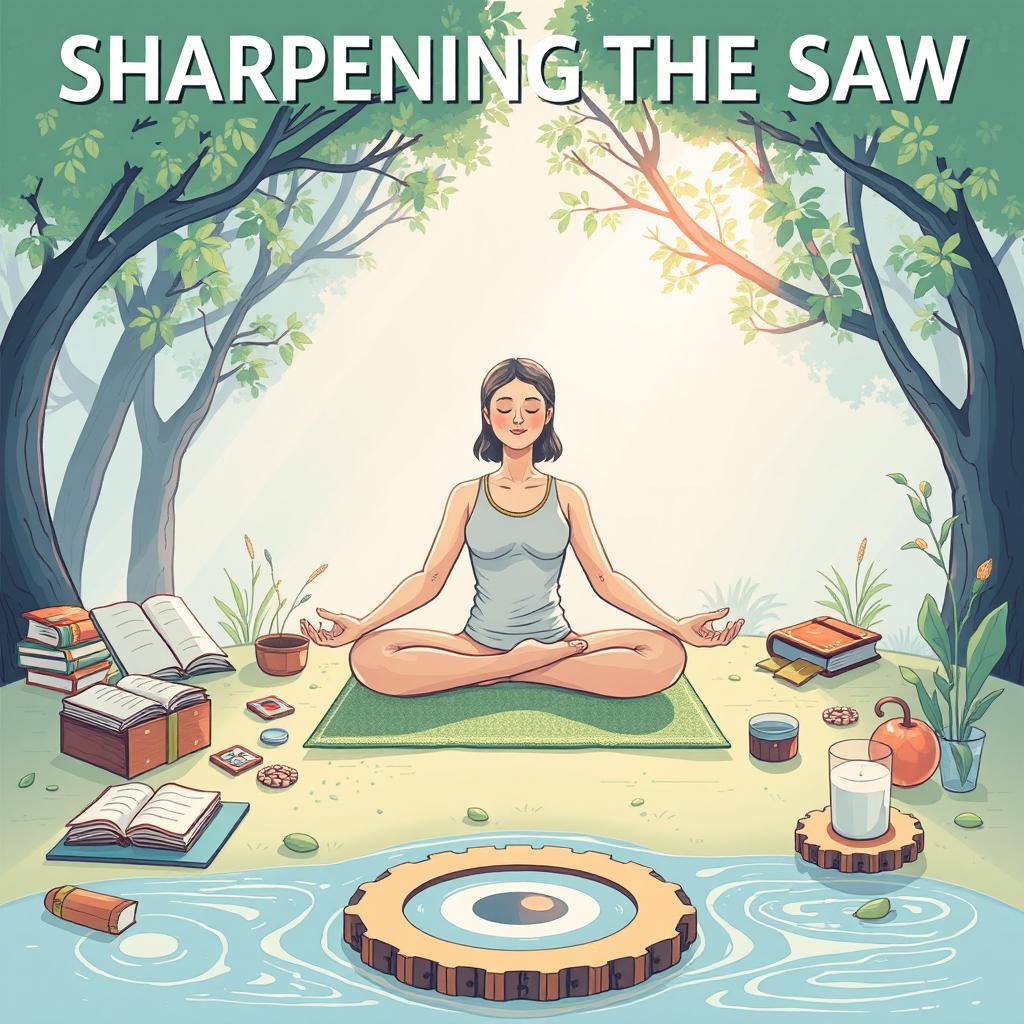 An inspiring illustration representing the concept of 'Sharpening the Saw' for self-renewal and inner peace