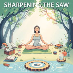 An inspiring illustration representing the concept of 'Sharpening the Saw' for self-renewal and inner peace