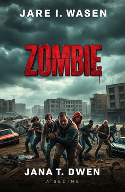 A gripping book cover depicting a post-apocalyptic landscape, featuring a desolate urban area overrun by zombies