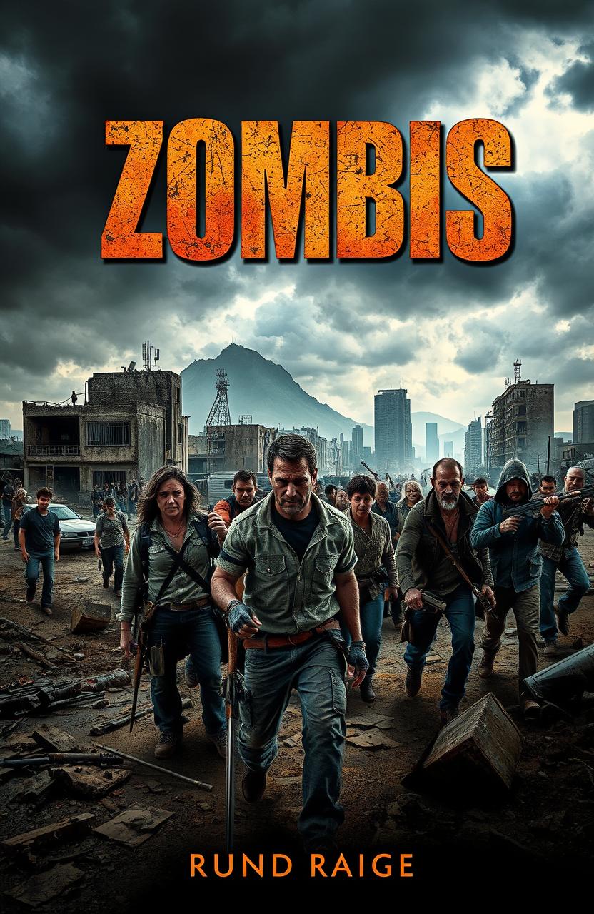 A gripping book cover depicting a post-apocalyptic landscape, featuring a desolate urban area overrun by zombies