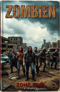 A gripping book cover depicting a post-apocalyptic landscape, featuring a desolate urban area overrun by zombies