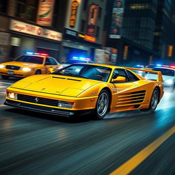 An intense scene featuring a 1992 Ferrari 512 Testarossa, captivatingly designed in a striking yellow color and enhanced with a racing tune style