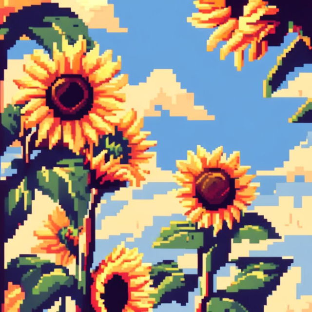 Pixel art PFP featuring a vibrant sunflower against a clear sky blue background.