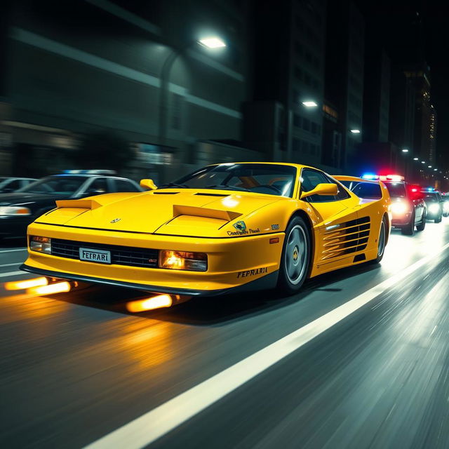 An intense scene featuring a 1992 Ferrari 512 Testarossa, captivatingly designed in a striking yellow color and enhanced with a racing tune style