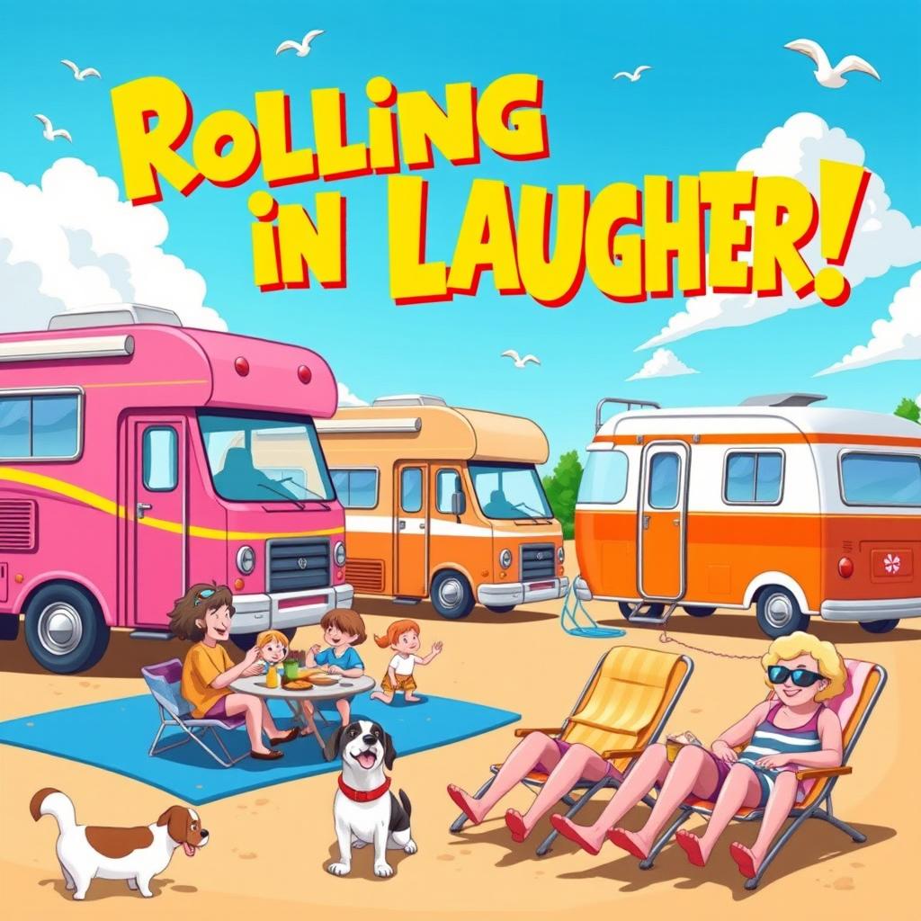 A vibrant and humorous comedy poster featuring a whimsical scene of colorful motorhomes parked in a lively campsite