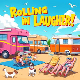 A vibrant and humorous comedy poster featuring a whimsical scene of colorful motorhomes parked in a lively campsite