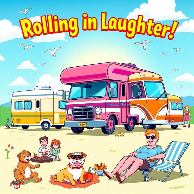 A vibrant and humorous comedy poster featuring a whimsical scene of colorful motorhomes parked in a lively campsite