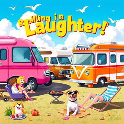 A vibrant and humorous comedy poster featuring a whimsical scene of colorful motorhomes parked in a lively campsite