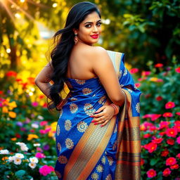 A beautiful Indian woman with a curvy figure gracefully wearing a vibrant saree, showcasing intricate designs with vivid colors like royal blue and gold