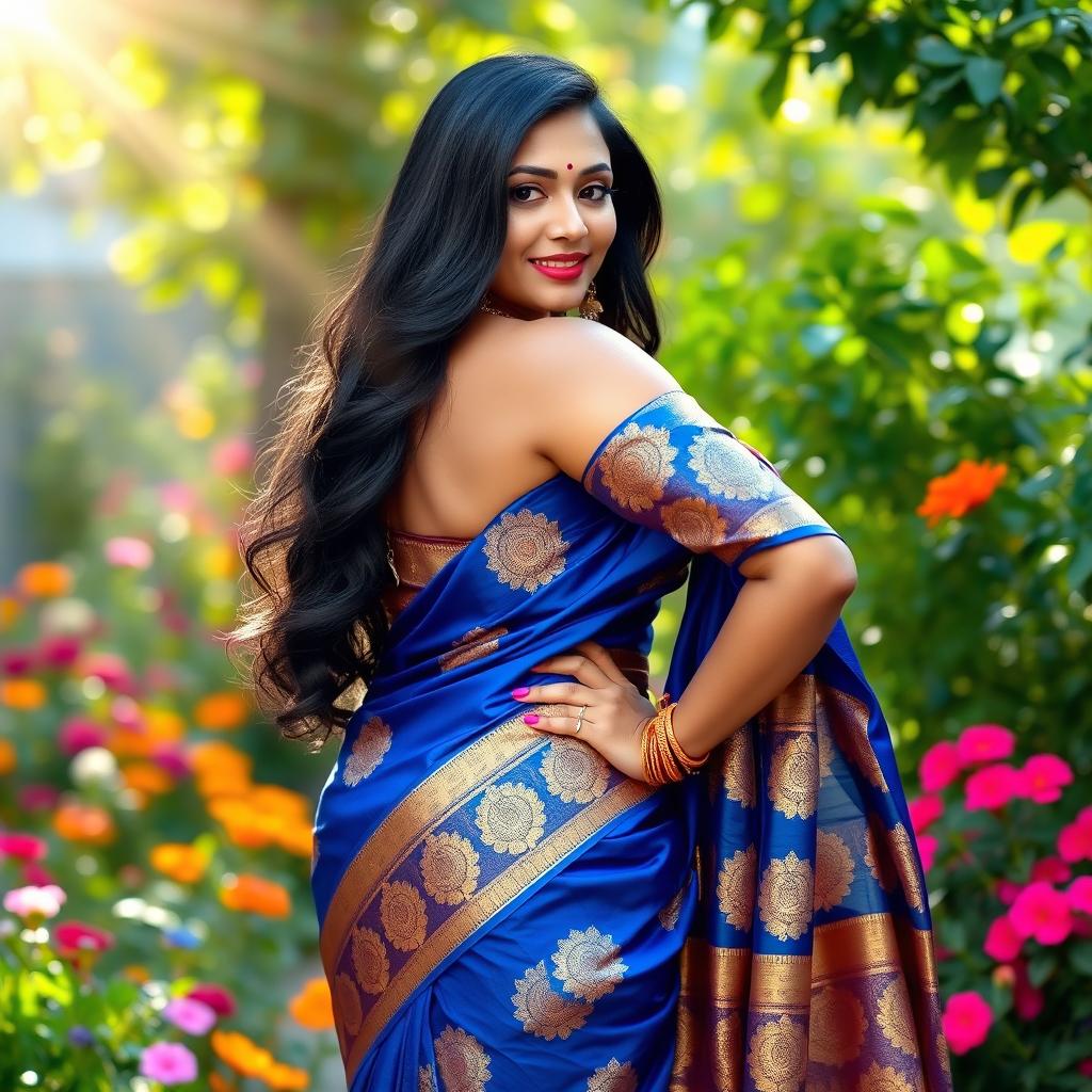 A beautiful Indian woman with a curvy figure gracefully wearing a vibrant saree, showcasing intricate designs with vivid colors like royal blue and gold