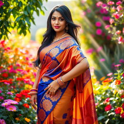 A beautiful Indian woman with a curvy figure gracefully wearing a vibrant saree, showcasing intricate designs with vivid colors like royal blue and gold