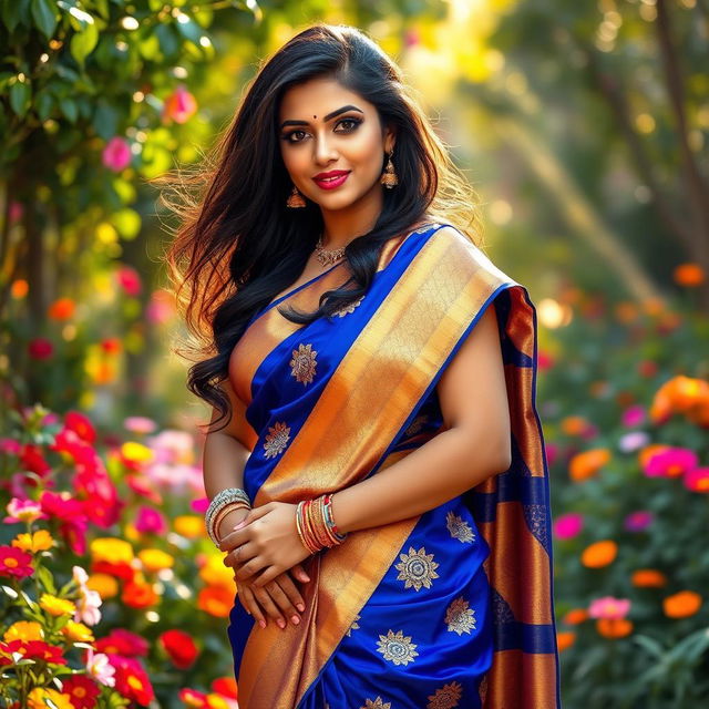 A beautiful Indian woman with a curvy figure gracefully wearing a vibrant saree, showcasing intricate designs with vivid colors like royal blue and gold