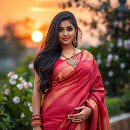 A beautiful Indian woman with a curvy figure elegantly dressed in a traditional saree that artfully reveals her midriff, showcasing her navel