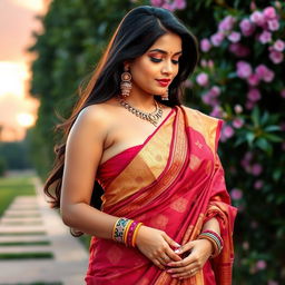 A beautiful Indian woman with a curvy figure elegantly dressed in a traditional saree that artfully reveals her midriff, showcasing her navel